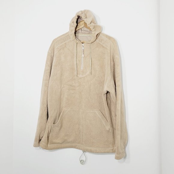 Fleece Sherpa Hoodie Oversized Sweater Khaki Tan Sweatshirt Cinch Waist Kangaroo - Picture 1 of 12